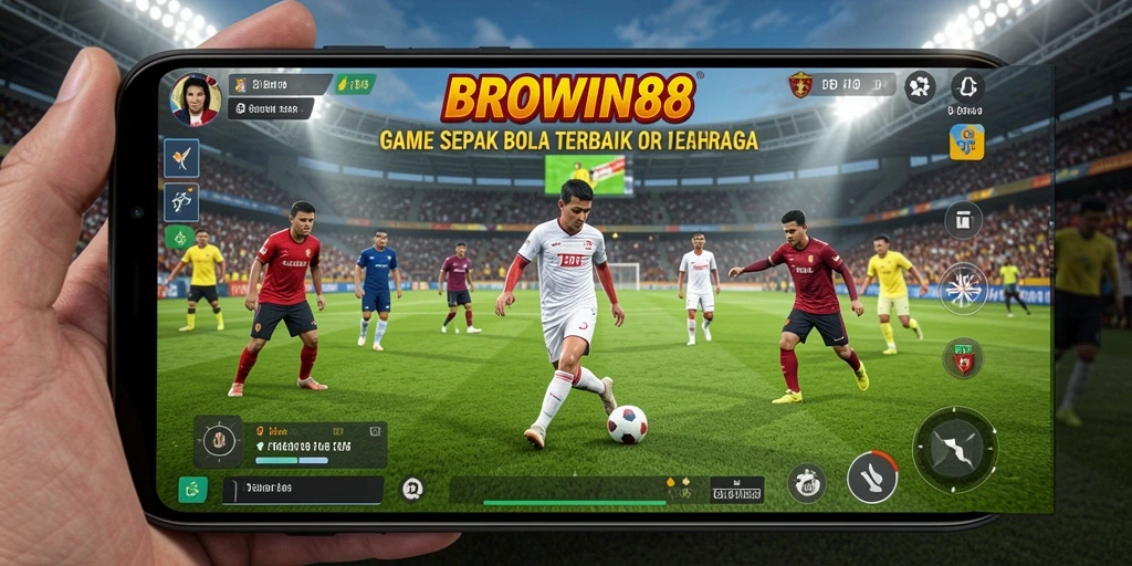 Screenshot utama BROWIN88 menunjukkan aksi seru di lapangan sepak bola.