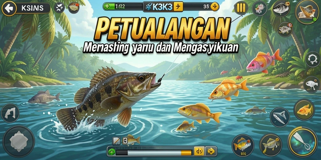 Gameplay K3K3 yang seru dan penuh warna saat memancing.